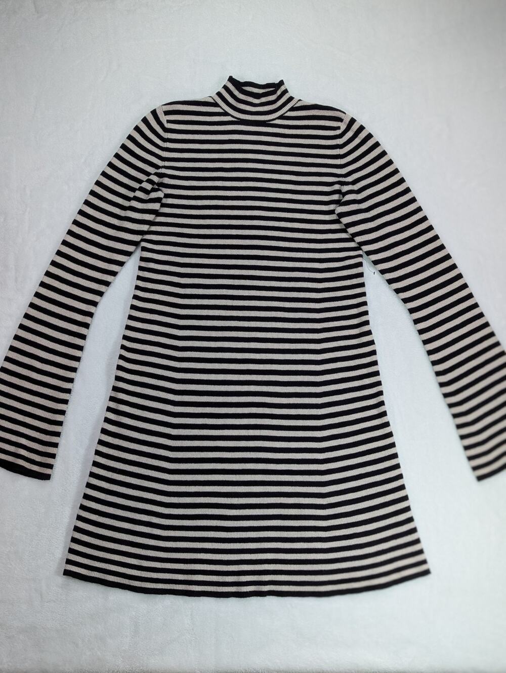 Express Striped Knit Mock Neck Bell Sleeve Mini Dress Black White Large L